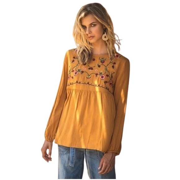 JODFL Boho Floral Embroidered Rayon Top Small Long Sleeves Tan Flowy - Picture 3 of 15